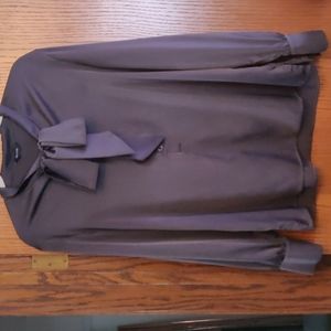 Satin/silk (polyester) tie/button blouse color is a olive/brown/purple/grey